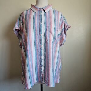 Orvis Linen Striped Button-Up Shirt Blouse Short Sleeve Pink And Blue Sz XXlarge